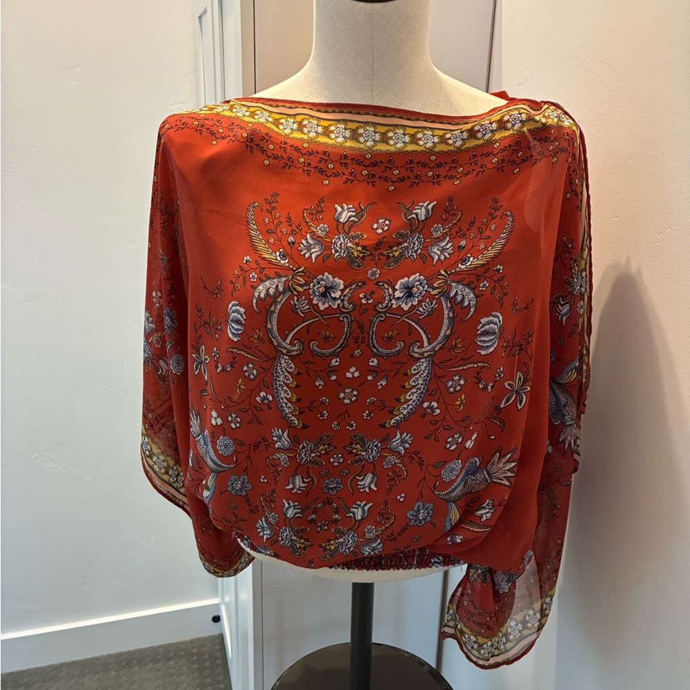 Max Studio Rust Red Floral Boatneck Blouse with Blue & Cream Motif